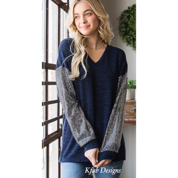 ❤️LAST! V Neck Midnight Blue Super Soft Sequin Sleeve Top! - Picture 6 of 16